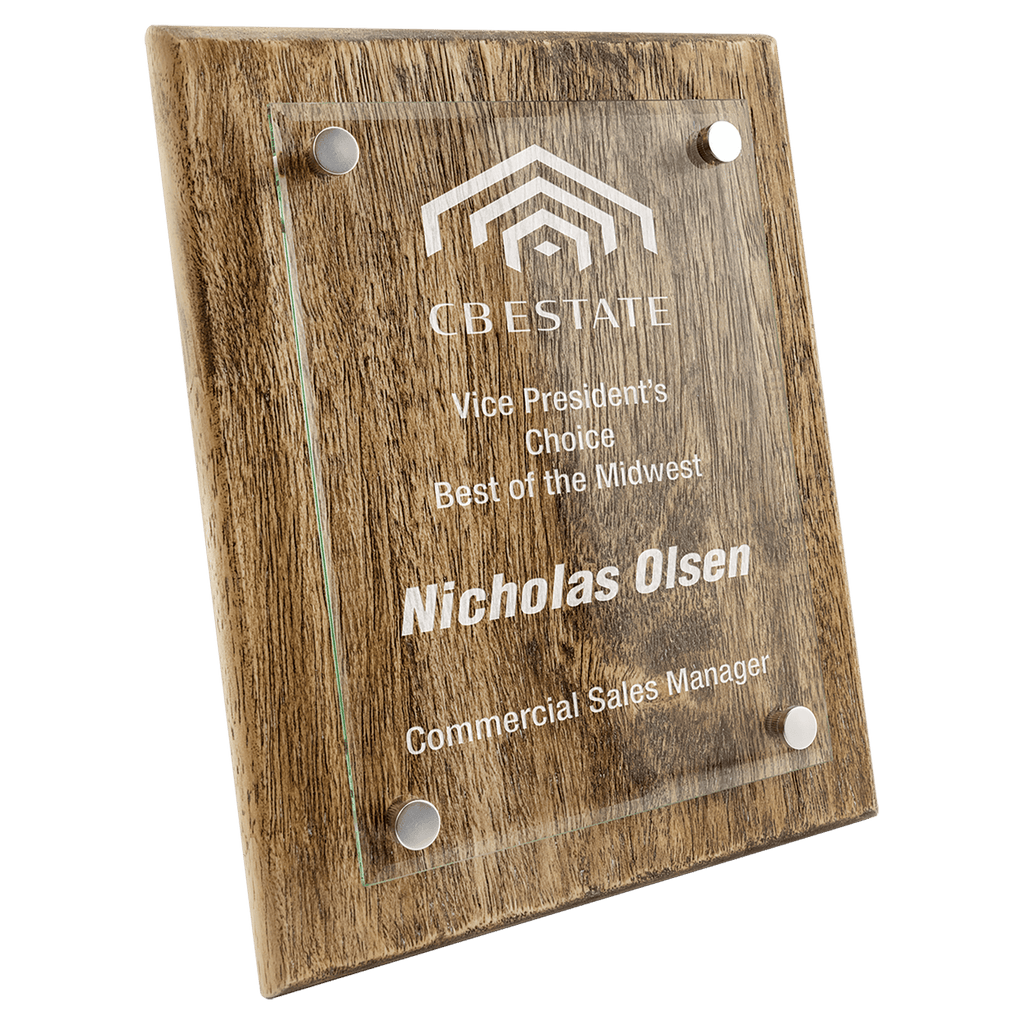 8" x 10" Barnwood Floating Glass Plaque - custom engraved plaque by The Buckeye Branding Company