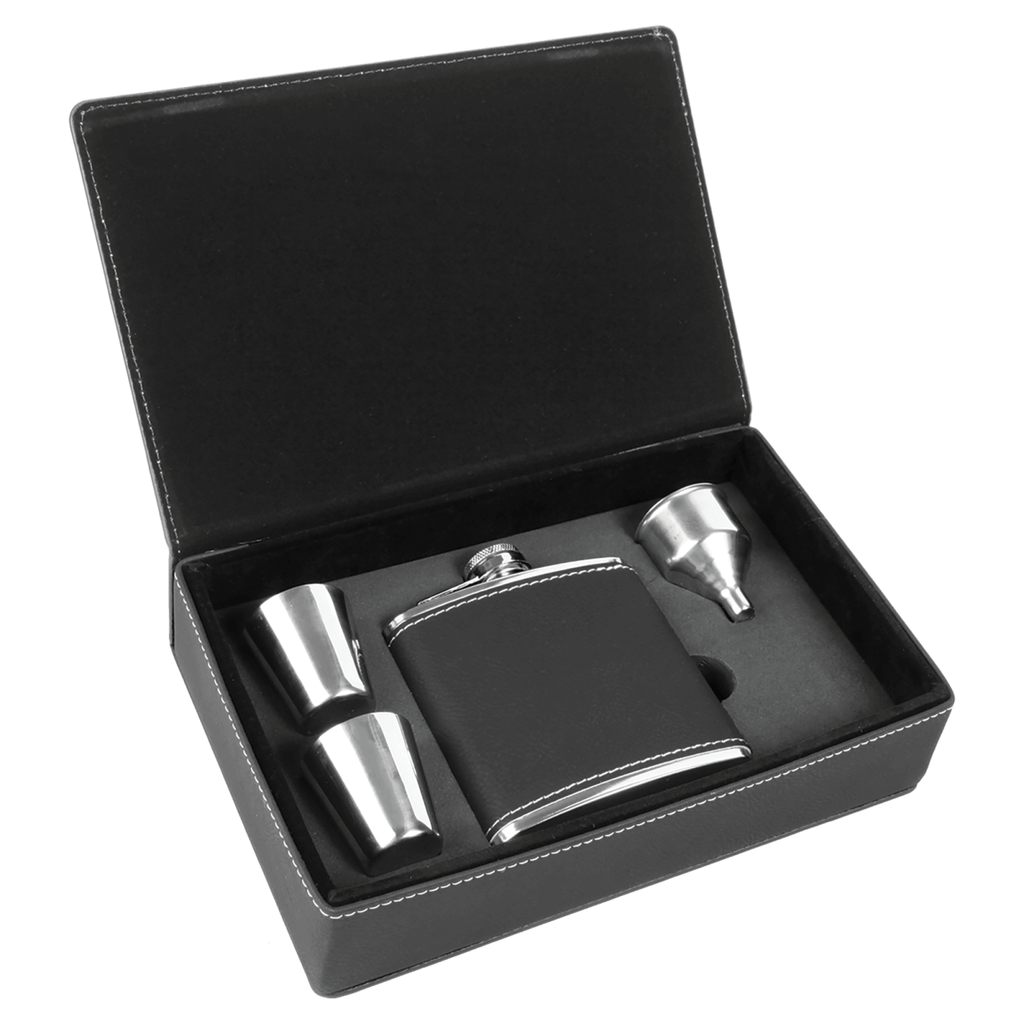 Engraved Leatherette Flask Gift Set, blank before personalization
