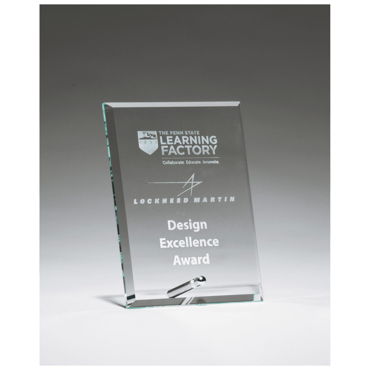 4" x 6" Clear Glass Award with Silver Plated Easel Post, laser engraved with a sample award layout