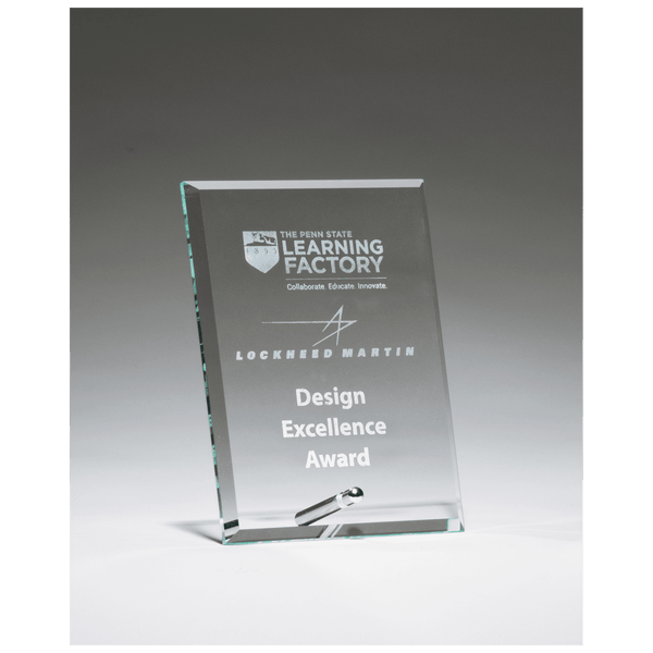 5" x 7" Clear Glass Award with Silver Plated Easel Post, laser engraved with a sample award layout