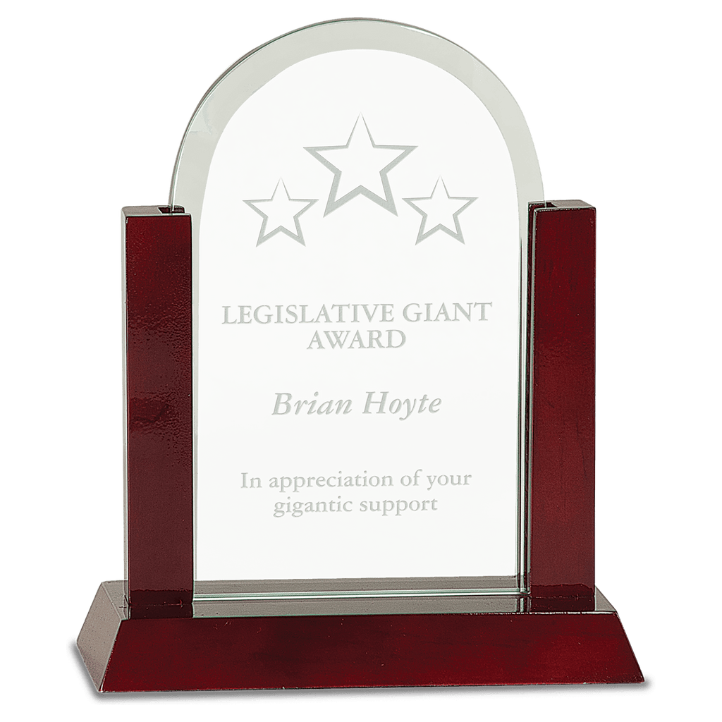 8" Gateway Jade Dome Glass Award with Rosewood Finish Base - custom engraved glass award by The Buckeye Branding Company