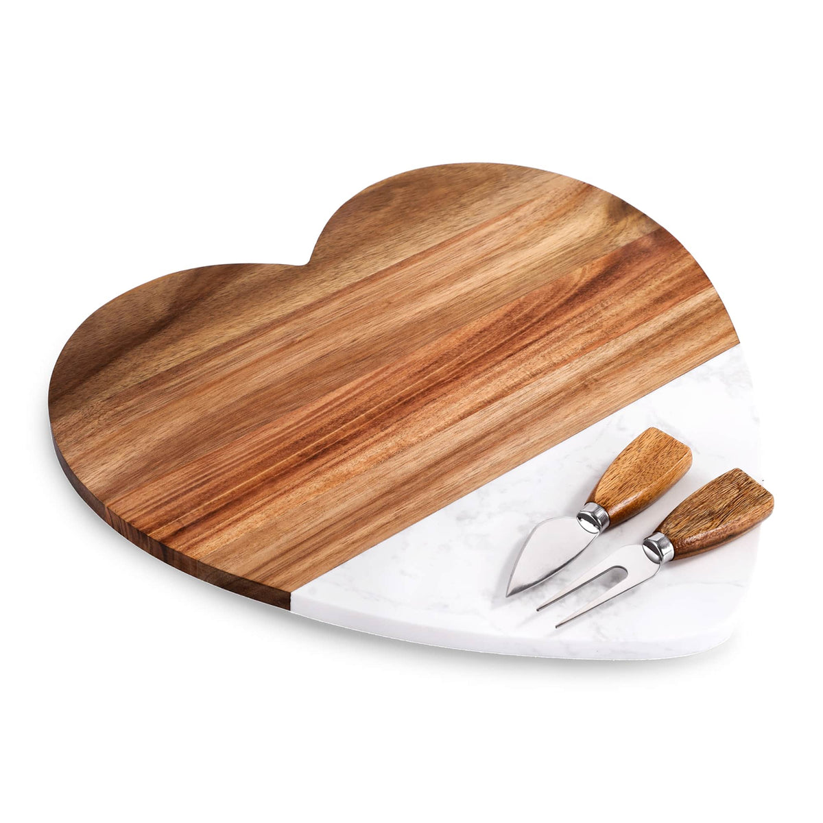Engraved Heart-Shaped Marble & Wood Serving Board Set, blank before personalization