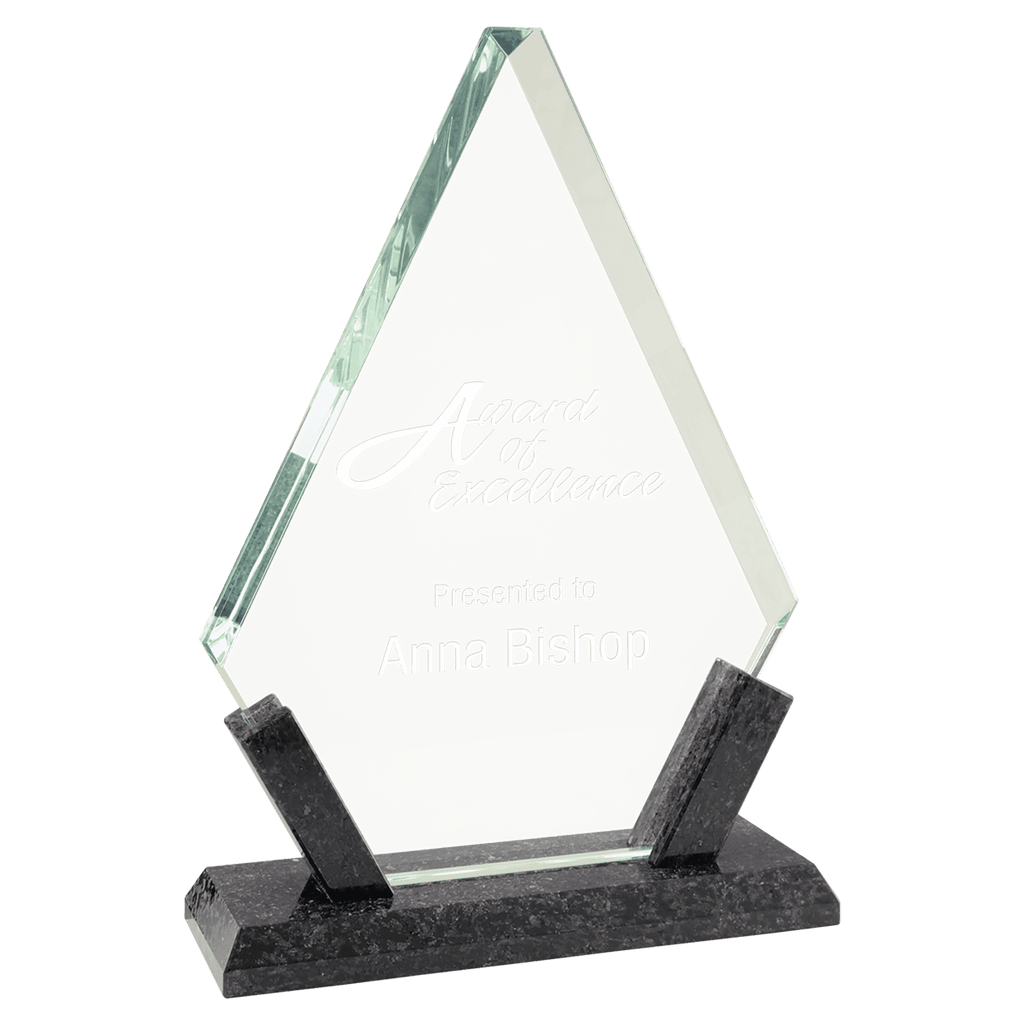 8 1/4" Diamond Glass with Black Marble Base - custom engraved glass award by The Buckeye Branding Company