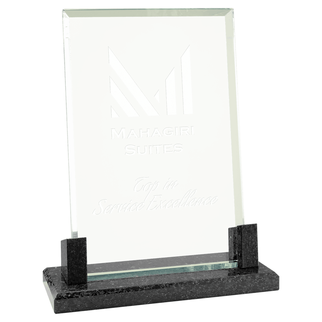 8" Rectangle Glass with Black Marble Base - custom engraved glass award by The Buckeye Branding Company