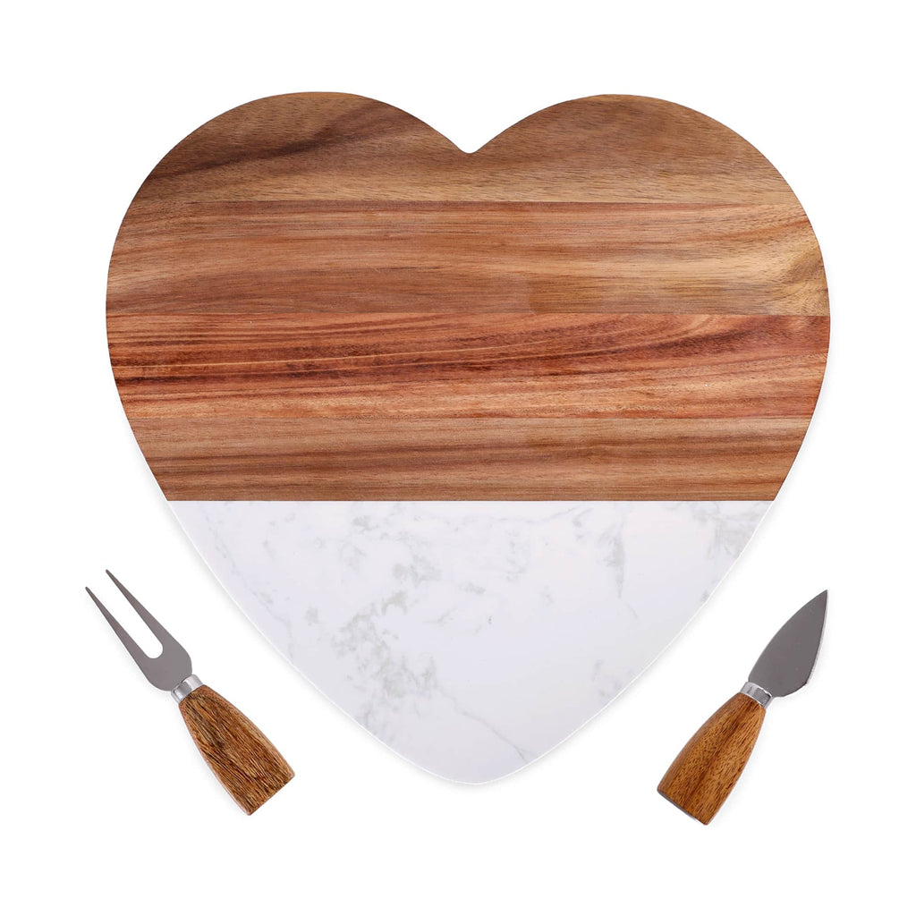 Engraved Heart-Shaped Marble & Wood Serving Board Set, blank before personalization
