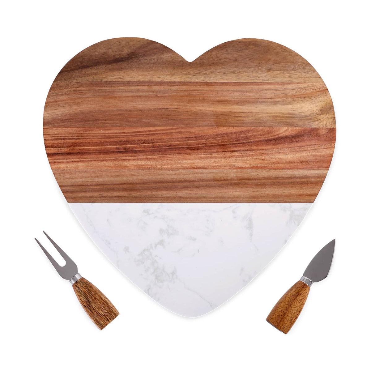 Engraved Heart-Shaped Marble & Wood Serving Board Set, blank before personalization