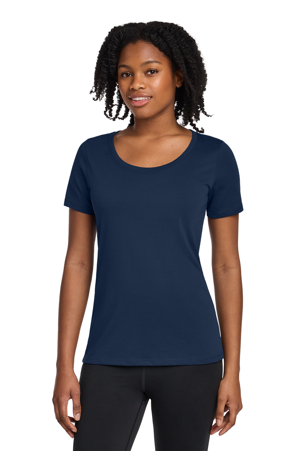 Nike Women's Dri-FIT Cotton/Poly Scoop Neck Tee in College Navy - custom logo apparel by Buckeye Branding Co.