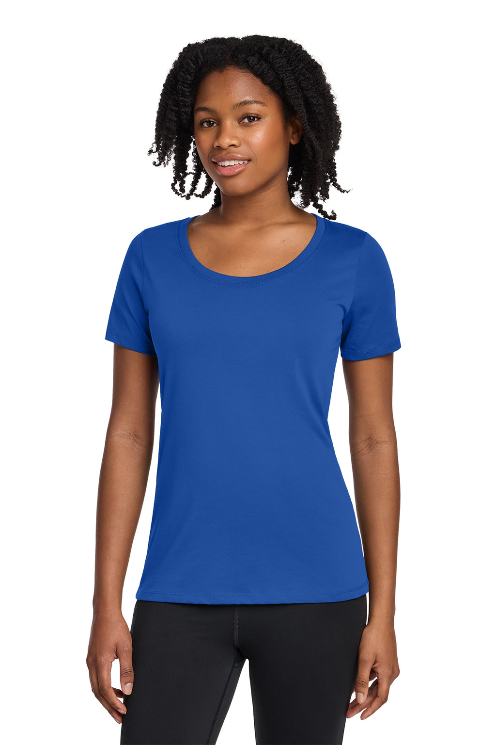 Nike Women's Dri-FIT Cotton/Poly Scoop Neck Tee in Rush Blue - custom logo apparel by Buckeye Branding Co.