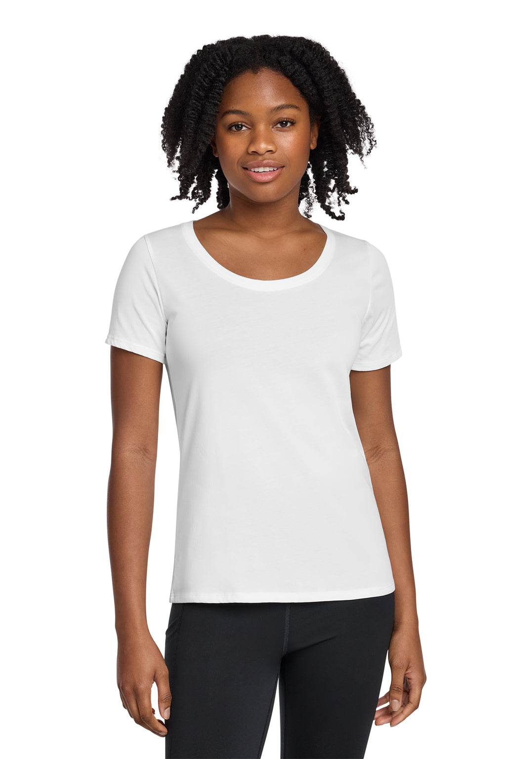 Nike Women's Dri-FIT Cotton/Poly Scoop Neck Tee in White - custom logo apparel by Buckeye Branding Co.