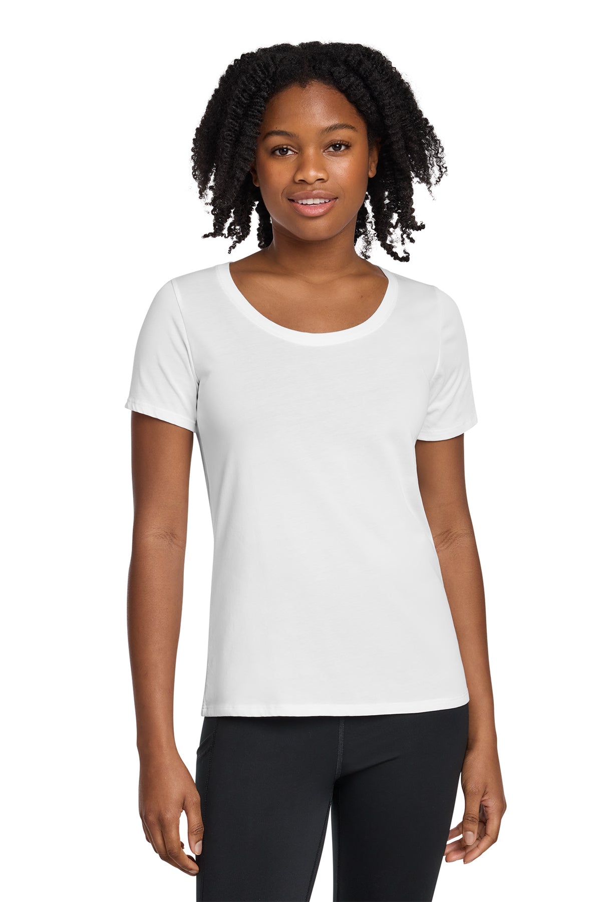 Nike Women's Dri-FIT Cotton/Poly Scoop Neck Tee in White - custom logo apparel by Buckeye Branding Co.