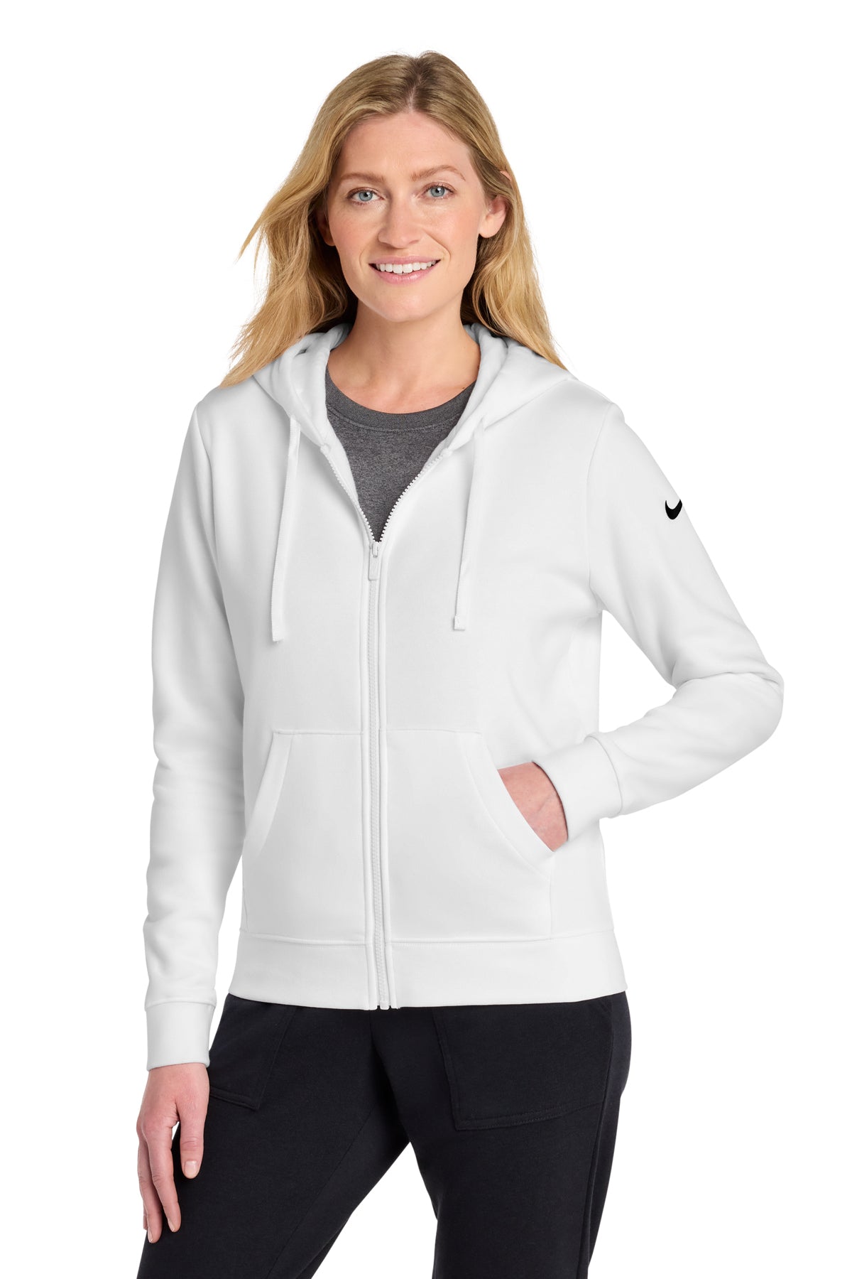 Nike Women's Club Fleece Sleeve Swoosh Full-Zip Hoodie in White - custom logo apparel by Buckeye Branding Co.