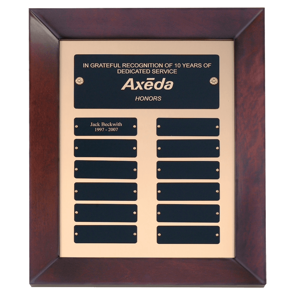12" x 15" Airflyte Cherry Finish Frame Perpetual Plaque with Gold Metal Background and 12 Laserable Black Brass Plates - custom engraved plaque by The Buckeye Branding Company