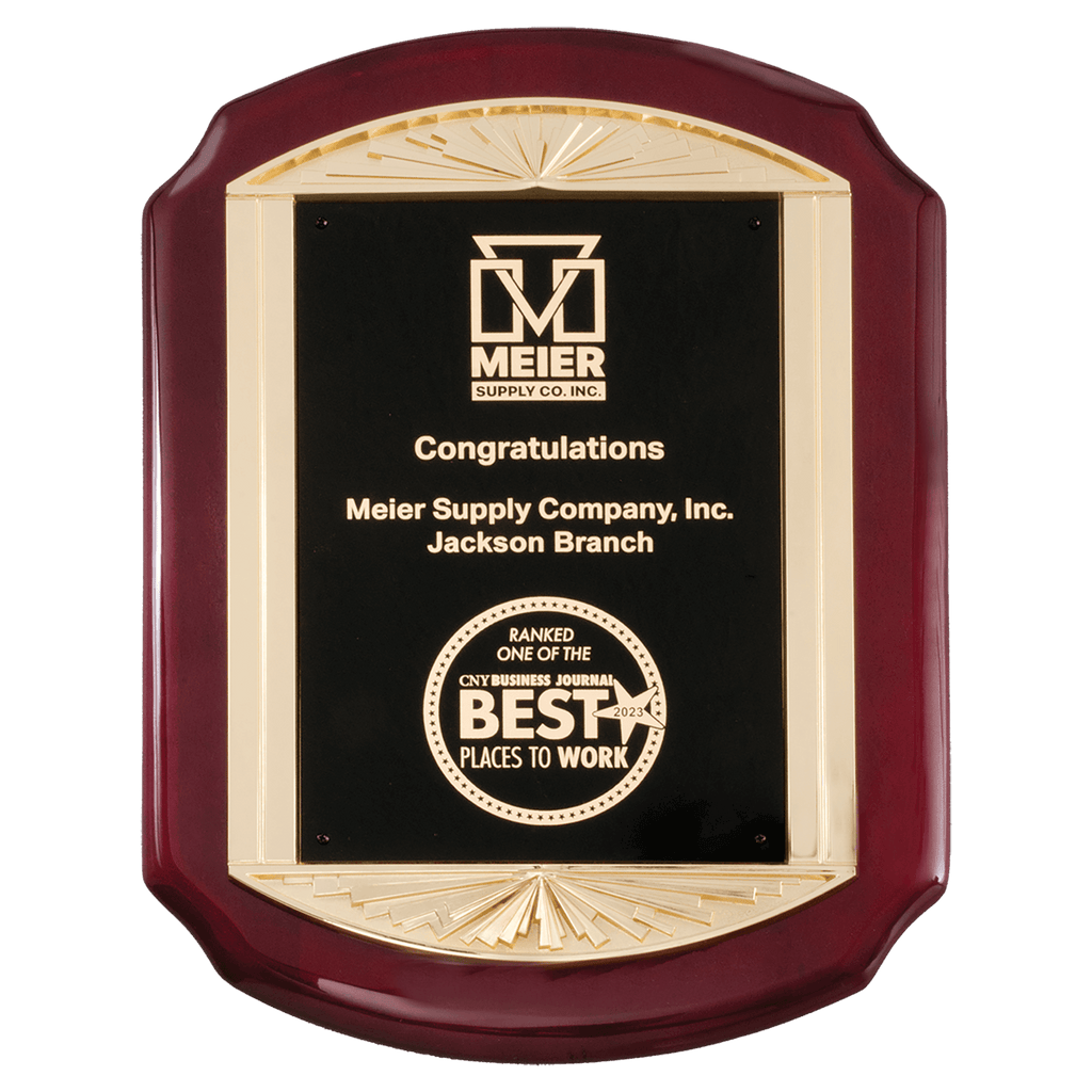 11" x 15" Rosewood Piano Finish Plaque with Metal Gold Sunburst Frame Casting and Black LaserFX Plate - custom engraved plaque by The Buckeye Branding Company