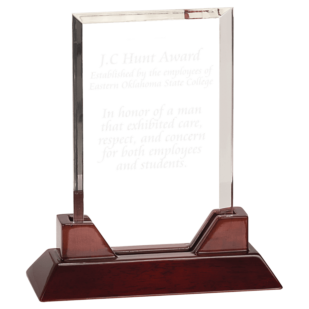 9 3/4" Rectangle Prestige Acrylic with Rosewood Piano Finish Base - custom engraved acrylic award by The Buckeye Branding Company