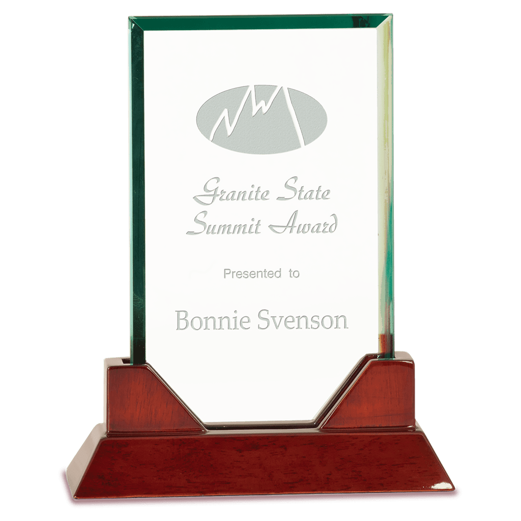 8 3/4" Rectangle Prestige Glass with Rosewood Piano Finish Base - custom engraved glass award by The Buckeye Branding Company