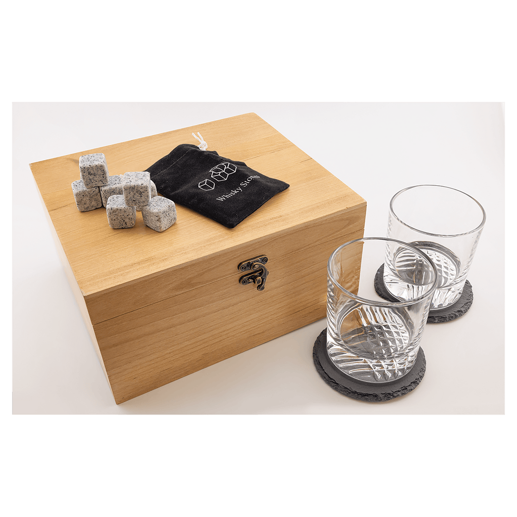 Engraved Whiskey Gift Set with Glasses, Slate Coasters and Stones