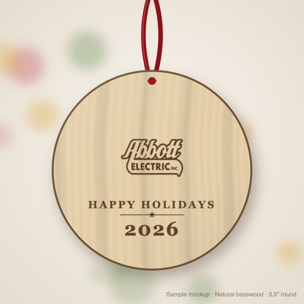 Abbott Electric Logo Christmas Ornament in natural basswood (sample mockup)