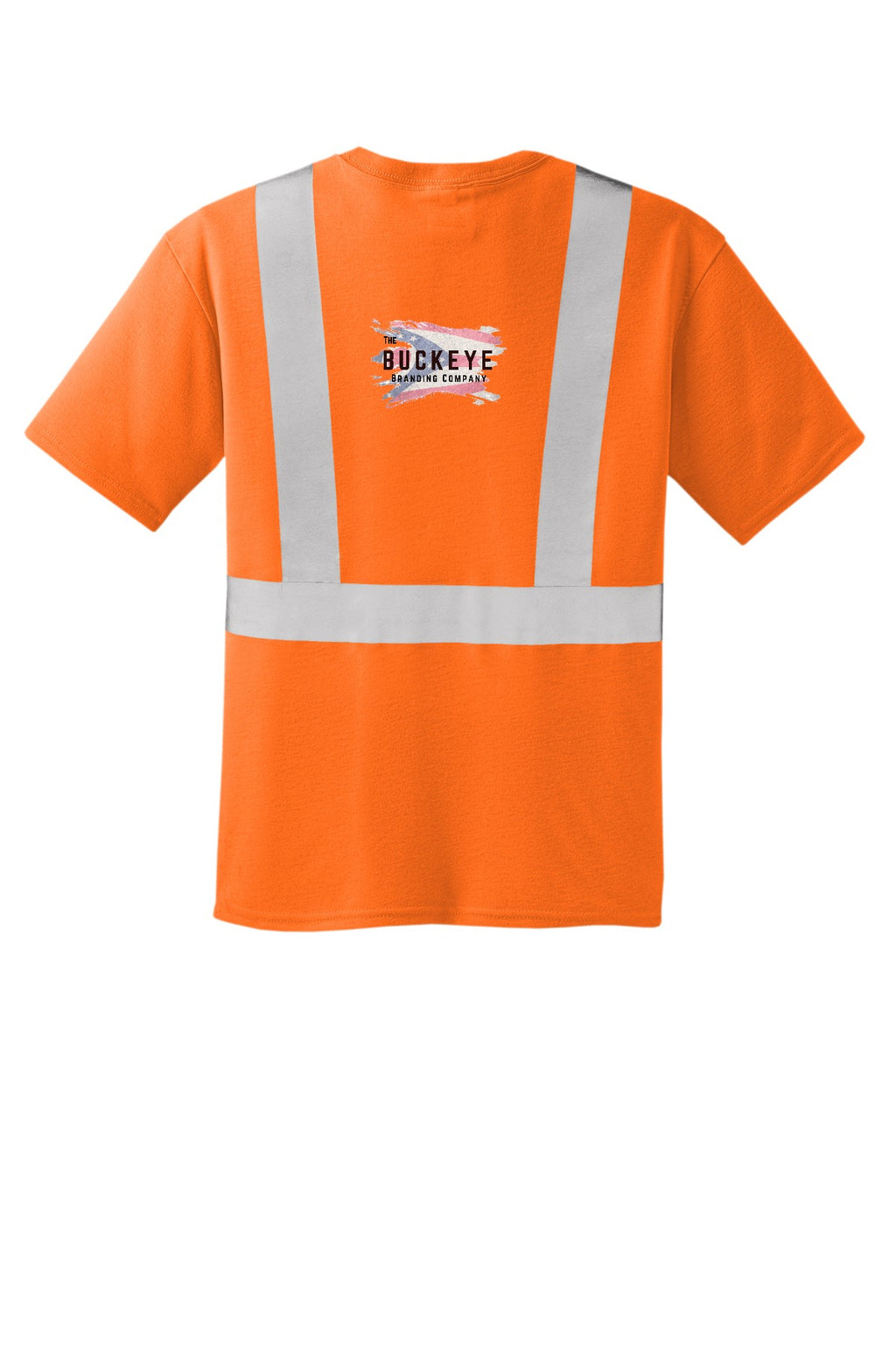 ANSI Class 2 Safety Orange tee, back, with Buckeye Branding logo - sample decoration
