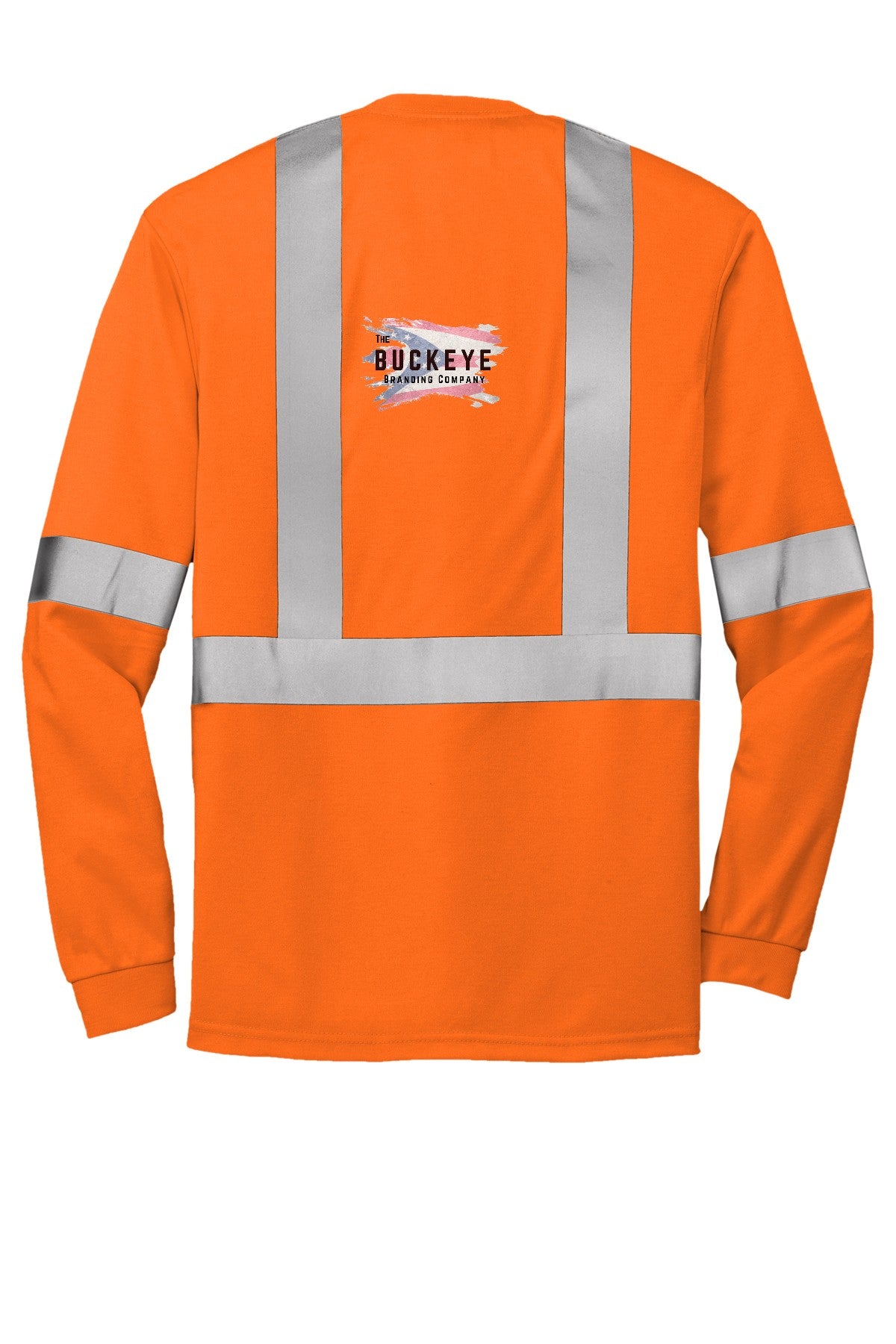 ANSI Class 2 Safety Orange long sleeve tee, back, with Buckeye Branding logo - sample decoration