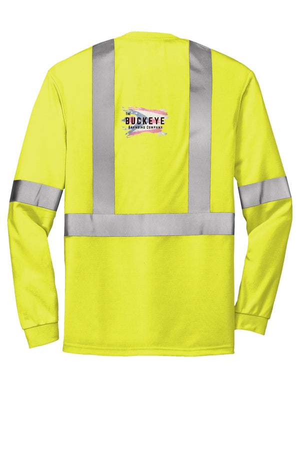 ANSI Class 2 Safety Yellow long sleeve tee, back, with Buckeye Branding logo - sample decoration