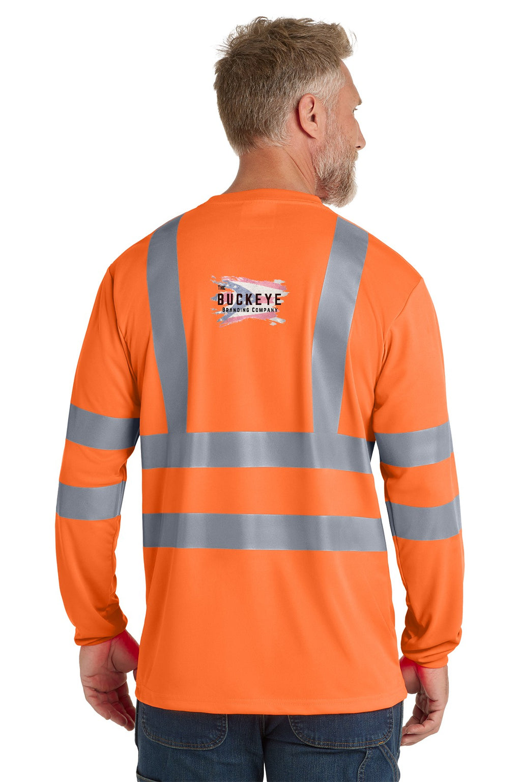 ANSI Class 3 Safety Orange long sleeve, back, with Buckeye Branding logo - sample decoration