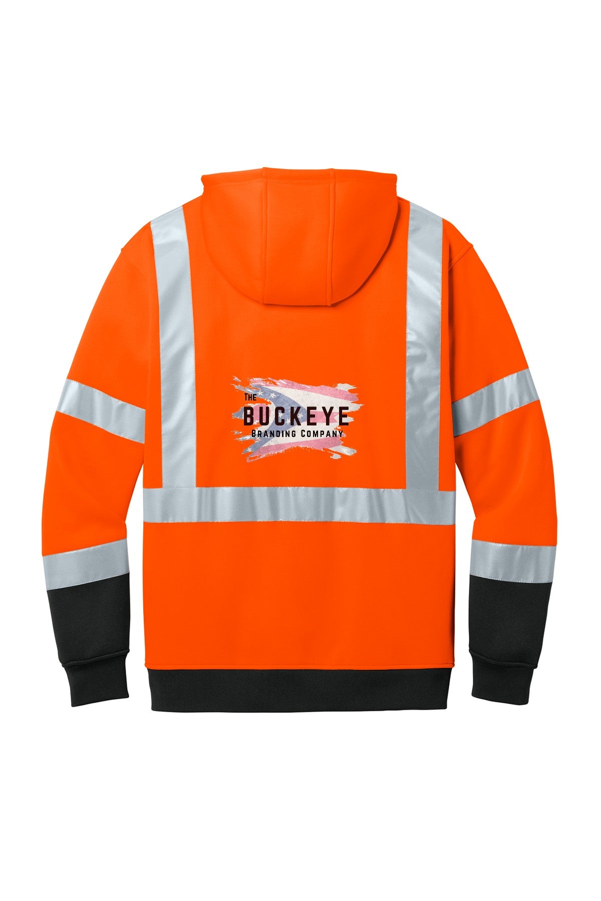 ANSI Class 3 Safety Orange hoodie, back, with Buckeye Branding logo - sample decoration