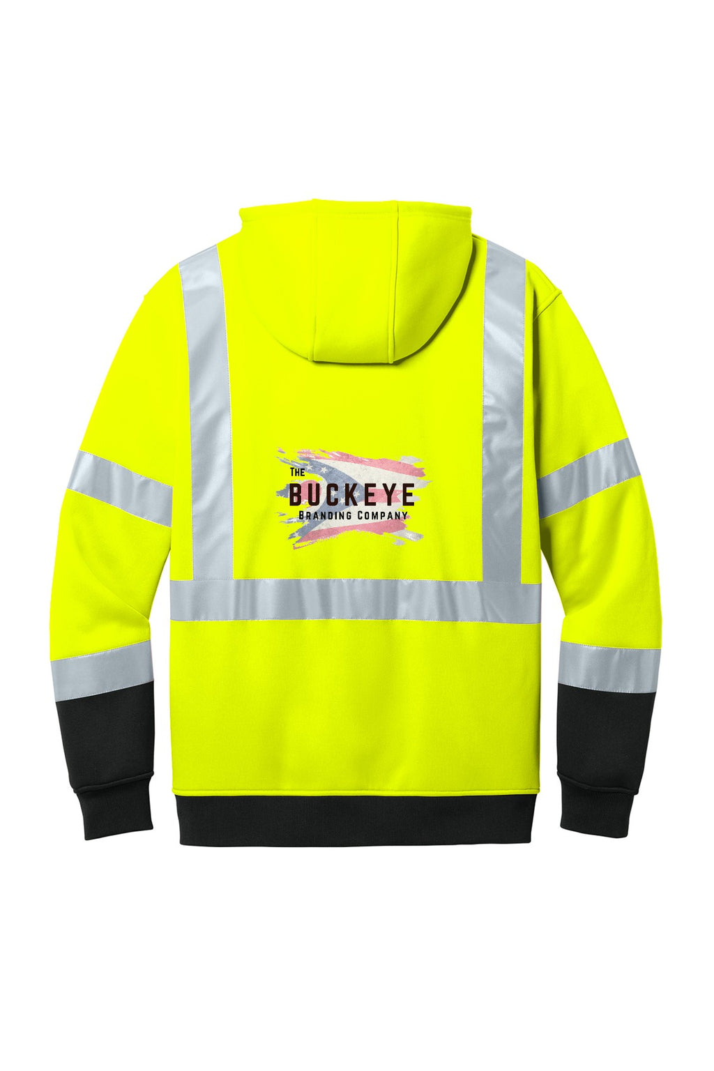 ANSI Class 3 Safety Yellow hoodie, back, with Buckeye Branding logo - sample decoration