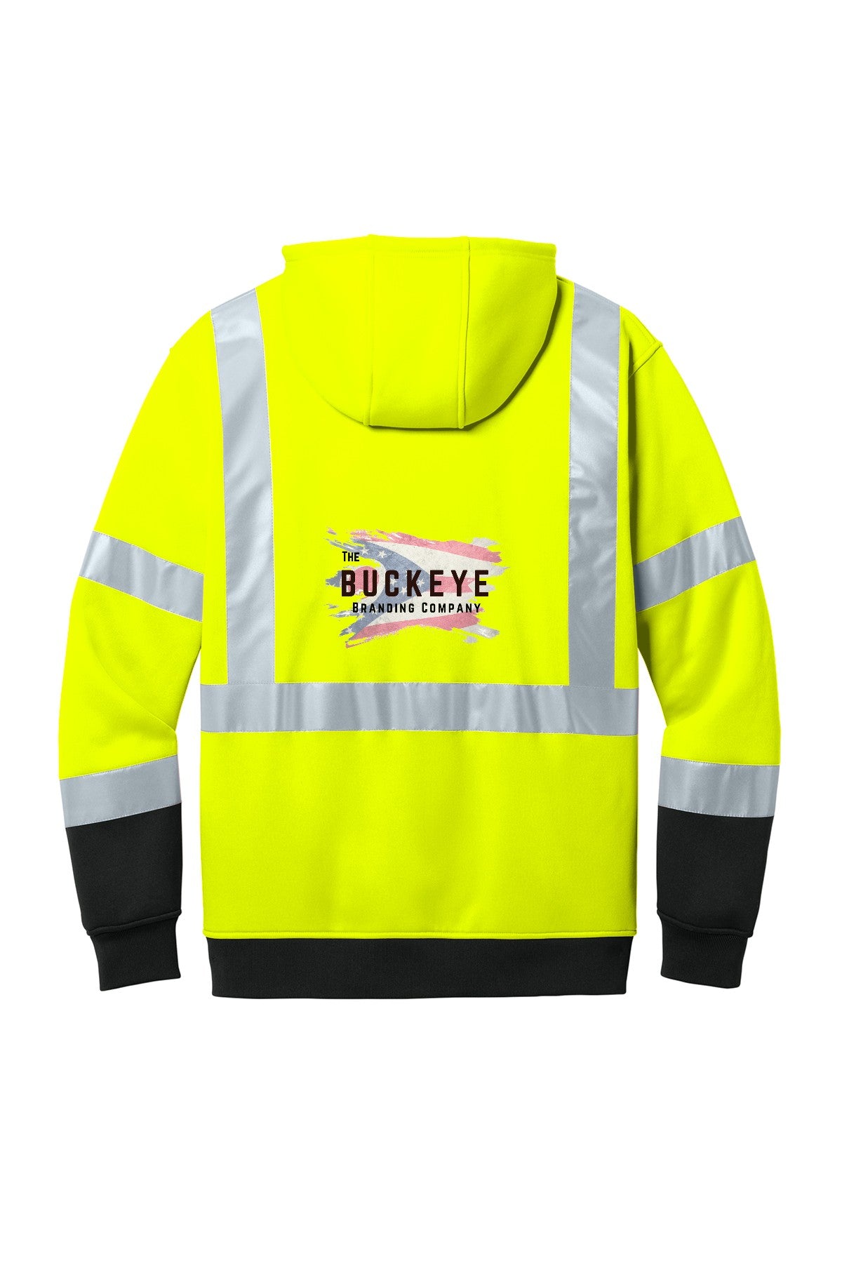 ANSI Class 3 Safety Yellow hoodie, back, with Buckeye Branding logo - sample decoration