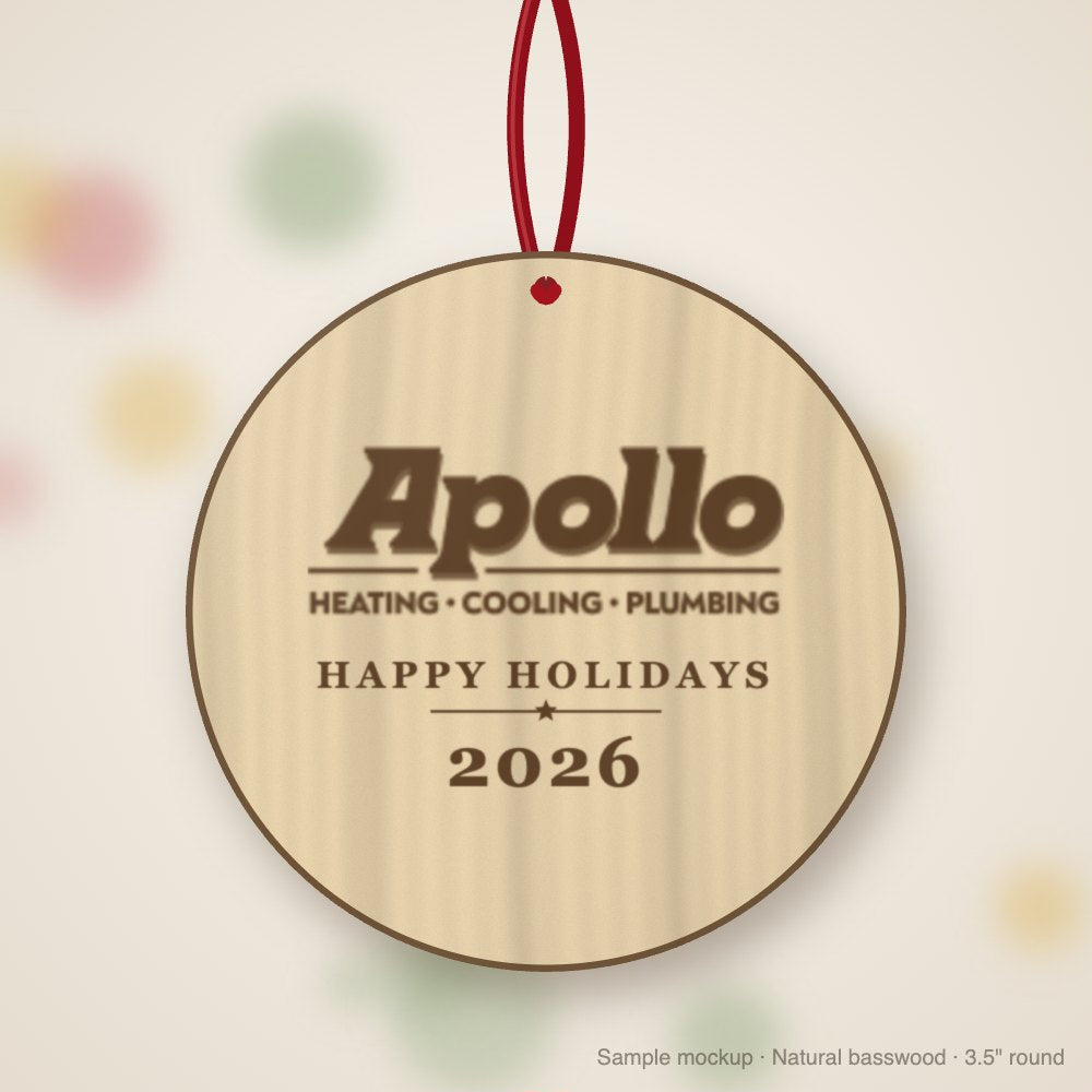 Apollo Logo Christmas Ornament in natural basswood (sample mockup)