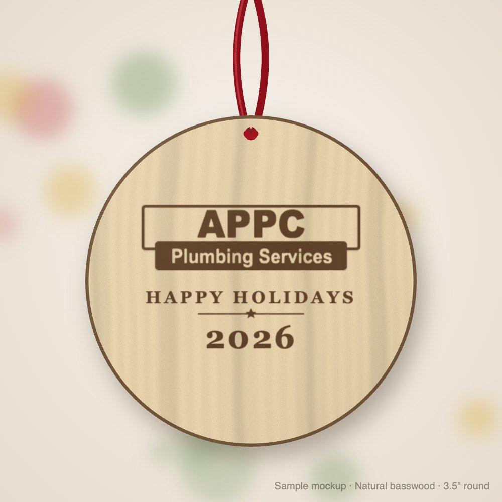 APPC Plumbing Logo Christmas Ornament in natural basswood (sample mockup)