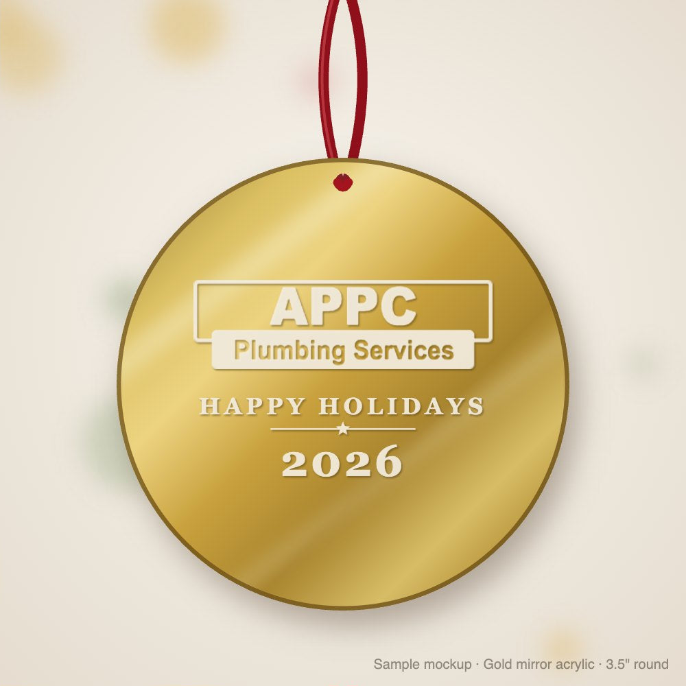 APPC Plumbing Logo Christmas Ornament in gold mirror acrylic (sample mockup)