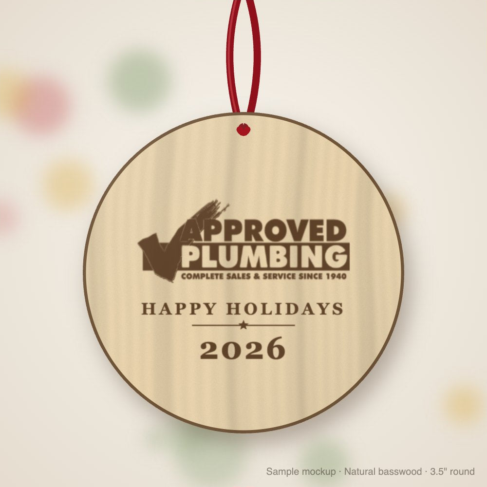 Approved Plumbing Logo Christmas Ornament in natural basswood (sample mockup)