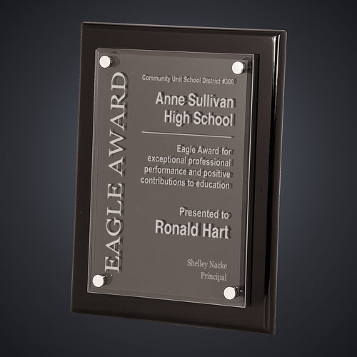 10 1/2" x 13" Black Piano Finish Floating Acrylic Plaque engraved award by Buckeye Branding Company, Copley OH