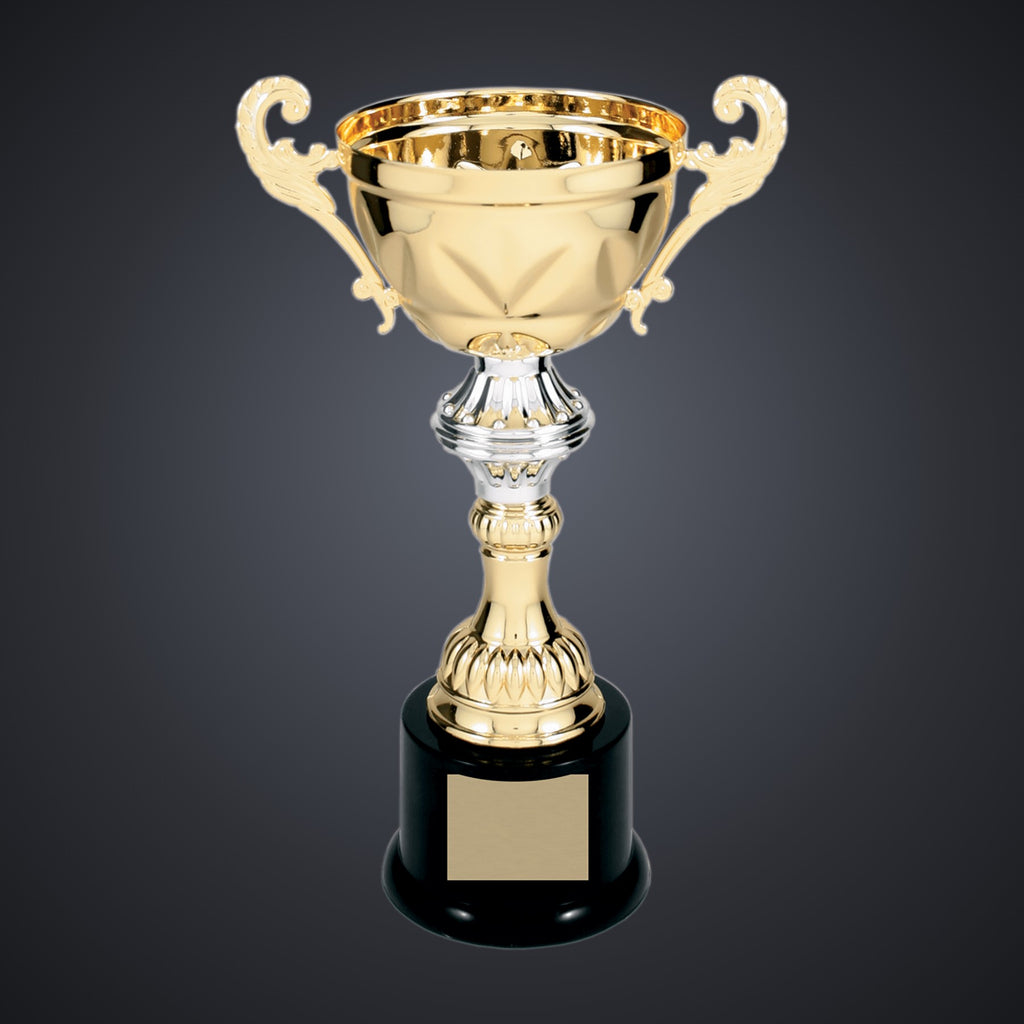 10" Gold Completed Metal Cup Trophy on Plastic Base engraved award by Buckeye Branding Company, Copley OH