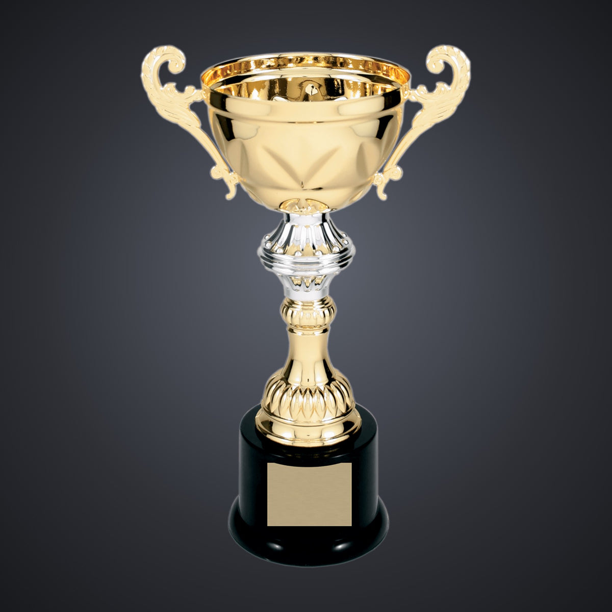 10" Gold Completed Metal Cup Trophy on Plastic Base engraved award by Buckeye Branding Company, Copley OH