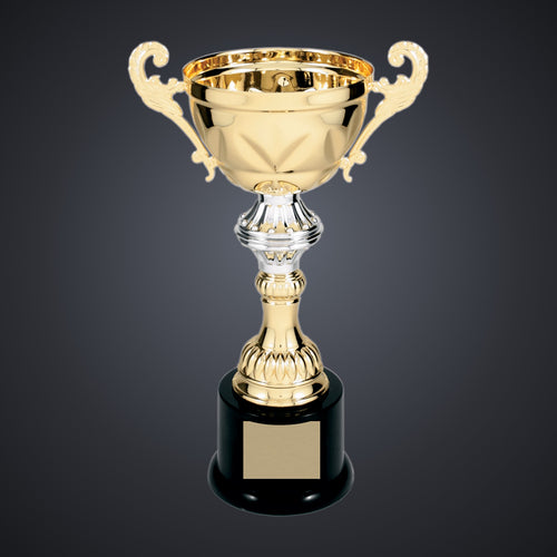 10" Gold Completed Metal Cup Trophy on Plastic Base engraved award by Buckeye Branding Company, Copley OH