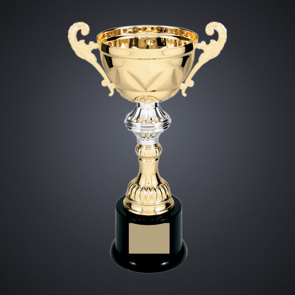 10" Gold Completed Metal Cup Trophy on Plastic Base engraved award by Buckeye Branding Company, Copley OH