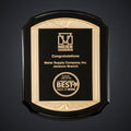 11" x 15" Black High Gloss Plaque with Metal Gold Sunburst Frame Casting and Black LaserFX Plate engraved award by Buckeye Branding Company, Copley OH