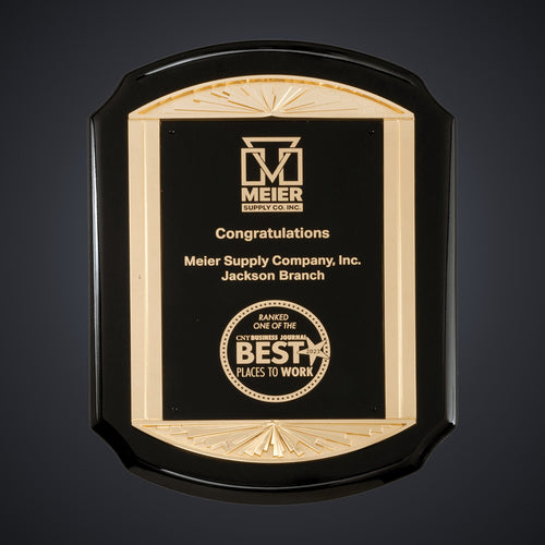 11" x 15" Black High Gloss Plaque with Metal Gold Sunburst Frame Casting and Black LaserFX Plate engraved award by Buckeye Branding Company, Copley OH