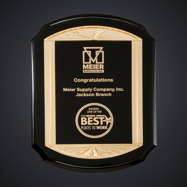 11" x 15" Black High Gloss Plaque with Metal Gold Sunburst Frame Casting and Black LaserFX Plate engraved award by Buckeye Branding Company, Copley OH