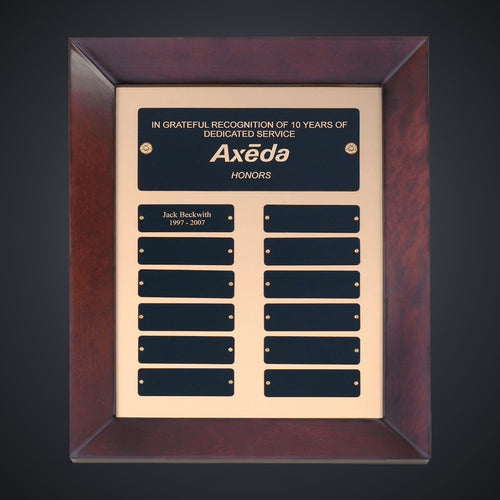 12" x 15" Airflyte Cherry Finish Frame Perpetual Plaque with Gold Metal Background and 12 Laserable Black Brass Plates engraved award by Buckeye Branding Company, Copley OH