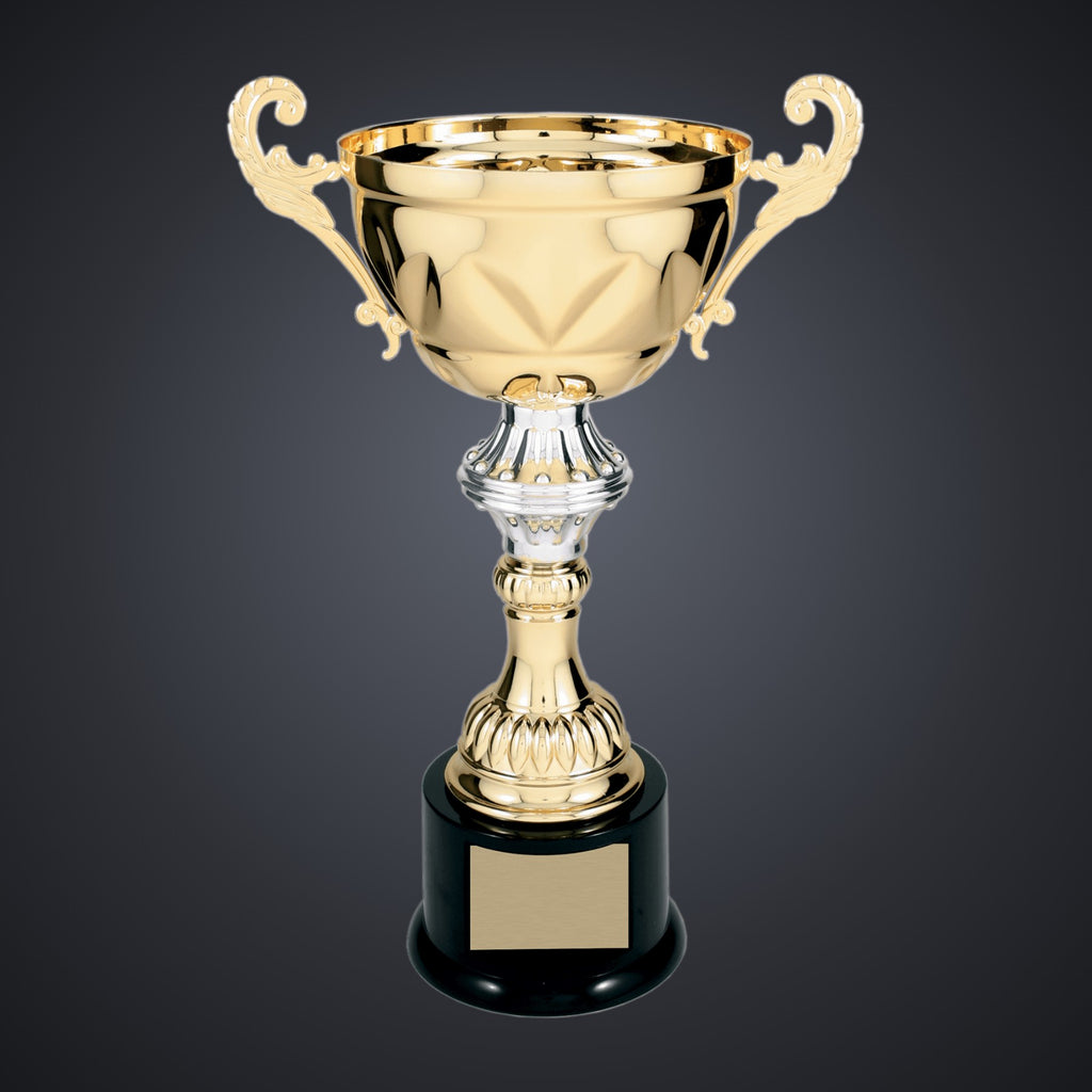 13" Gold Completed Metal Cup Trophy on Plastic Base engraved award by Buckeye Branding Company, Copley OH