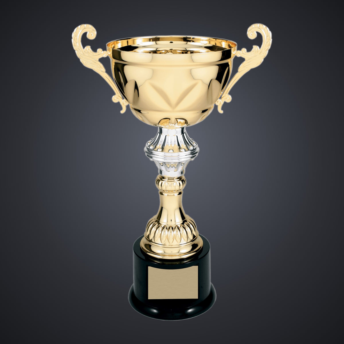 13" Gold Completed Metal Cup Trophy on Plastic Base engraved award by Buckeye Branding Company, Copley OH