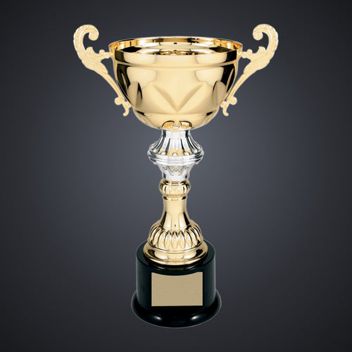 13" Gold Completed Metal Cup Trophy on Plastic Base engraved award by Buckeye Branding Company, Copley OH