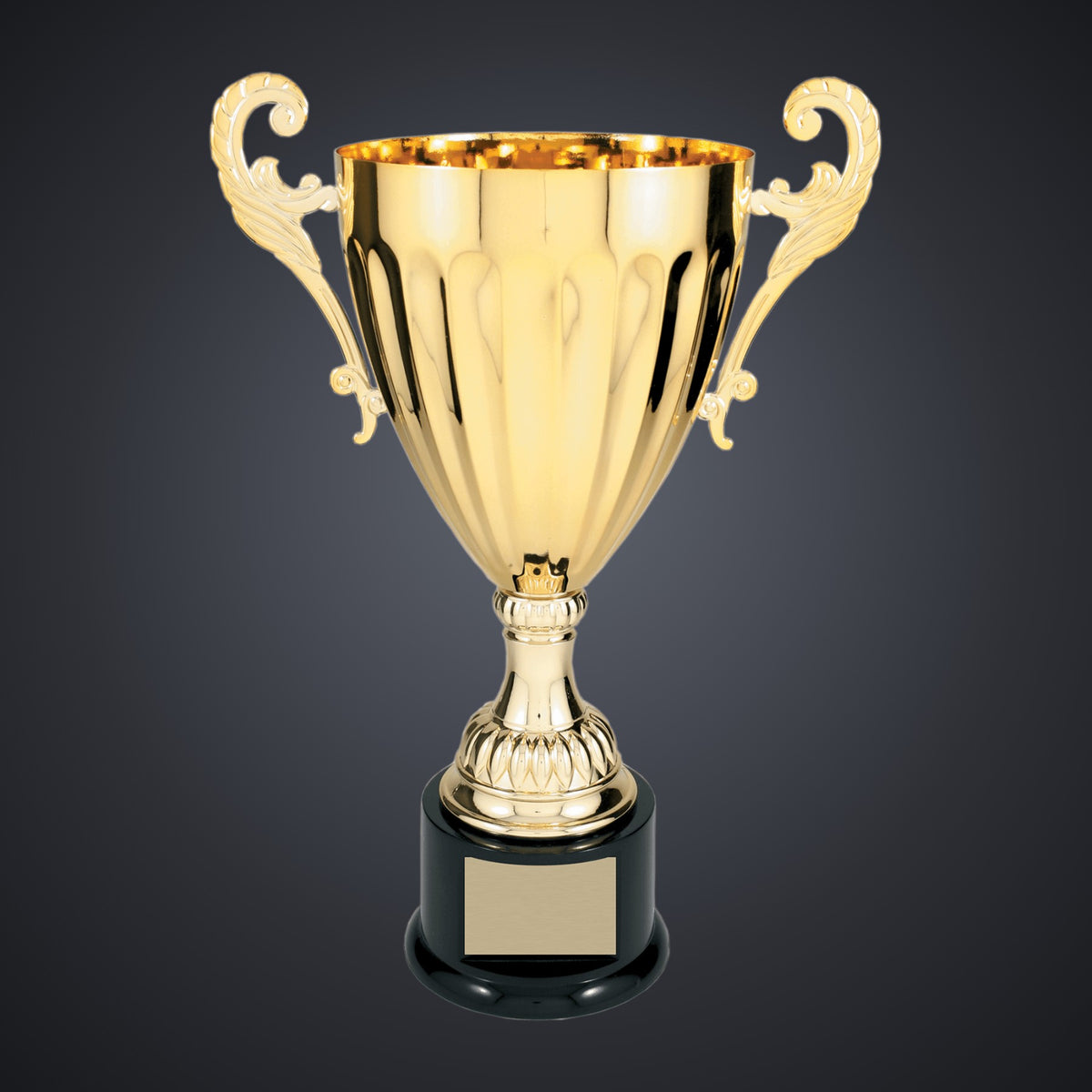 14 1/2" Gold Completed Metal Cup Trophy on Plastic Base engraved award by Buckeye Branding Company, Copley OH