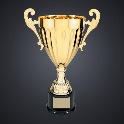 14 1/2" Gold Completed Metal Cup Trophy on Plastic Base engraved award by Buckeye Branding Company, Copley OH