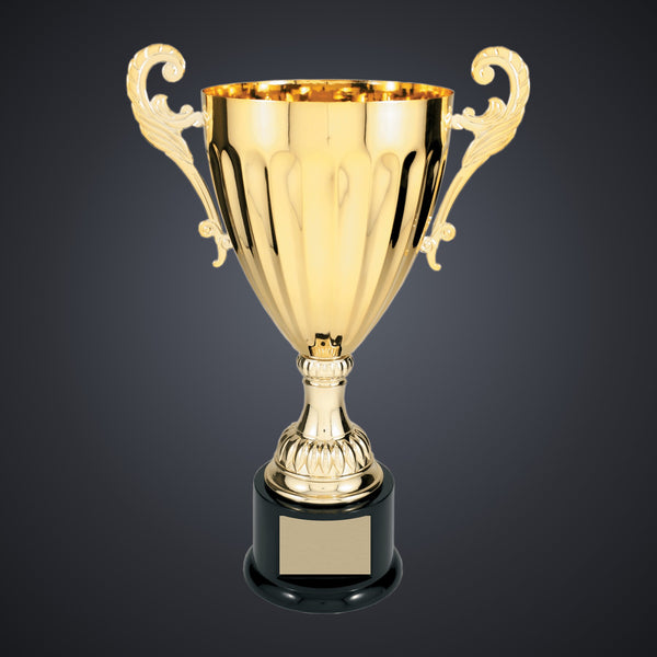 14 1/2" Gold Completed Metal Cup Trophy on Plastic Base engraved award by Buckeye Branding Company, Copley OH