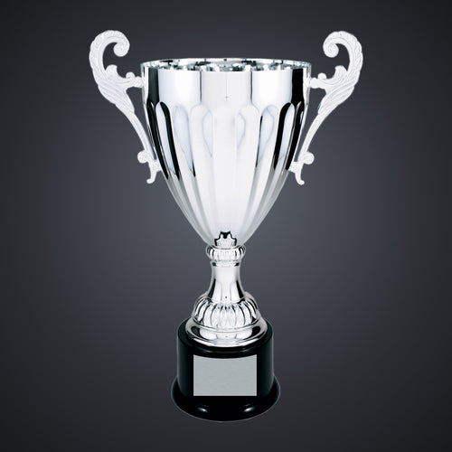 14 1/2" Silver Completed Metal Cup Trophy on Plastic Base engraved award by Buckeye Branding Company, Copley OH
