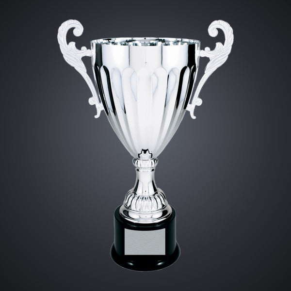 14 1/2" Silver Completed Metal Cup Trophy on Plastic Base engraved award by Buckeye Branding Company, Copley OH