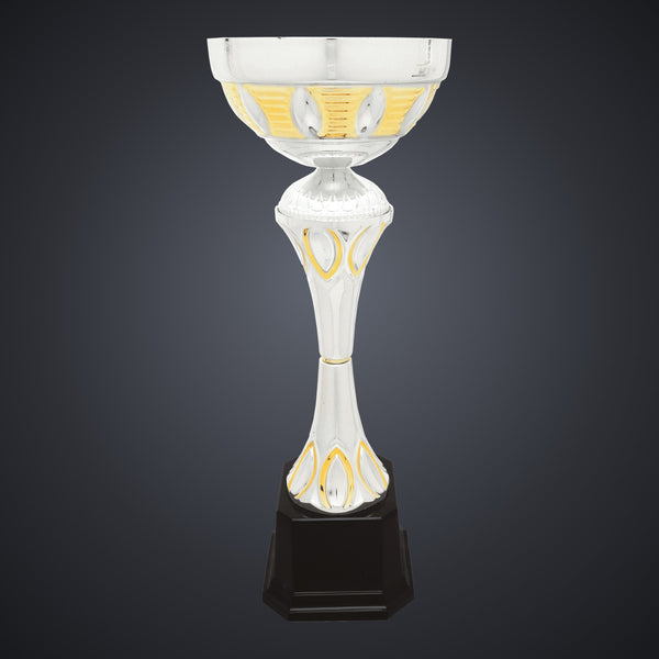15" Silver/Gold Completed Metal Cup Trophy on Plastic Base engraved award by Buckeye Branding Company, Copley OH